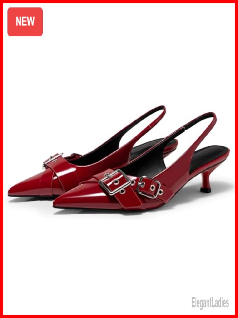 Kitten Heels Slingback Pointed Toe Studded Buckle Strap Leather Pumps